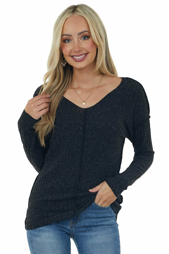 First Love Black Specked Ribbed Knit Exposed Seam Top 3 First Love Black Specked Ribbed Knit Exposed Seam Top