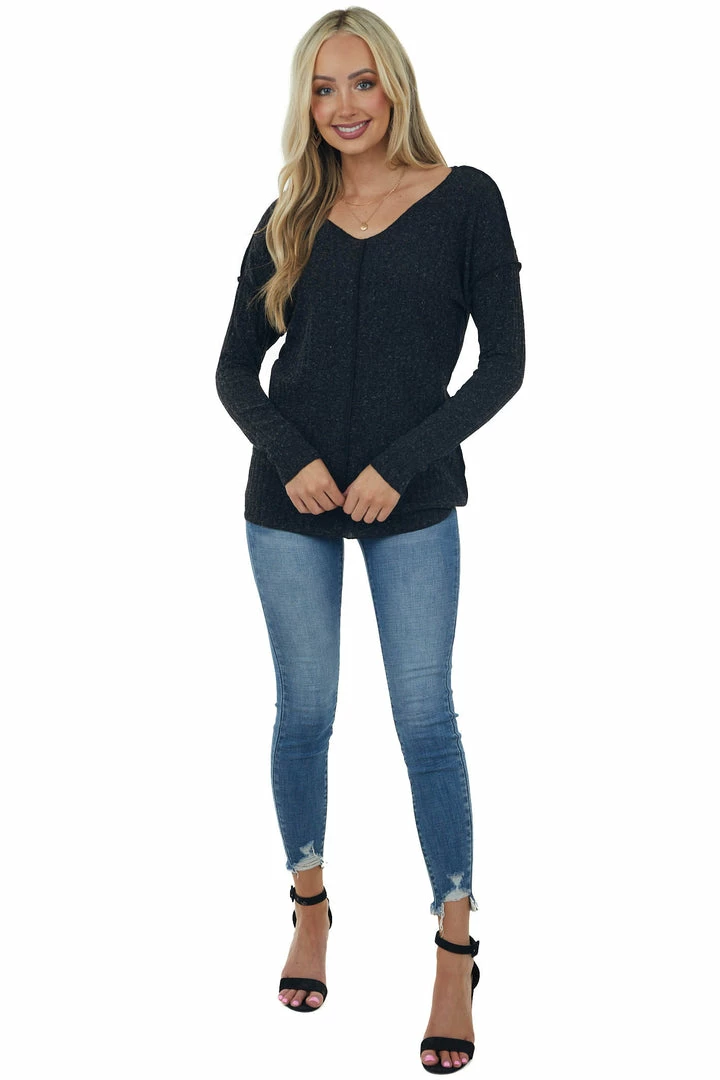 First Love Black Specked Ribbed Knit Exposed Seam Top 4 First Love Black Specked Ribbed Knit Exposed Seam Top