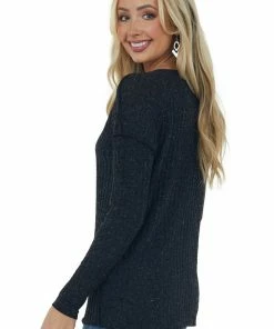 First Love Black Specked Ribbed Knit Exposed Seam Top 11 First Love Black Specked Ribbed Knit Exposed Seam Top
