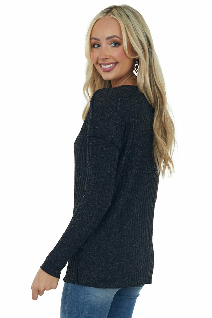 First Love Black Specked Ribbed Knit Exposed Seam Top 6 First Love Black Specked Ribbed Knit Exposed Seam Top