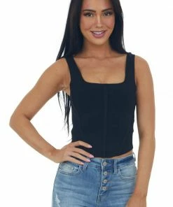 Listicle Tops Black Square Neck Thick Sleeveless Crop Top