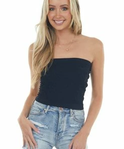 DYNAMIC Black Strapless Cropped Pointelle Knit Top Tops