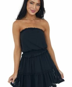 She + Sky Black Strapless Frill Tiered Mini Dress
