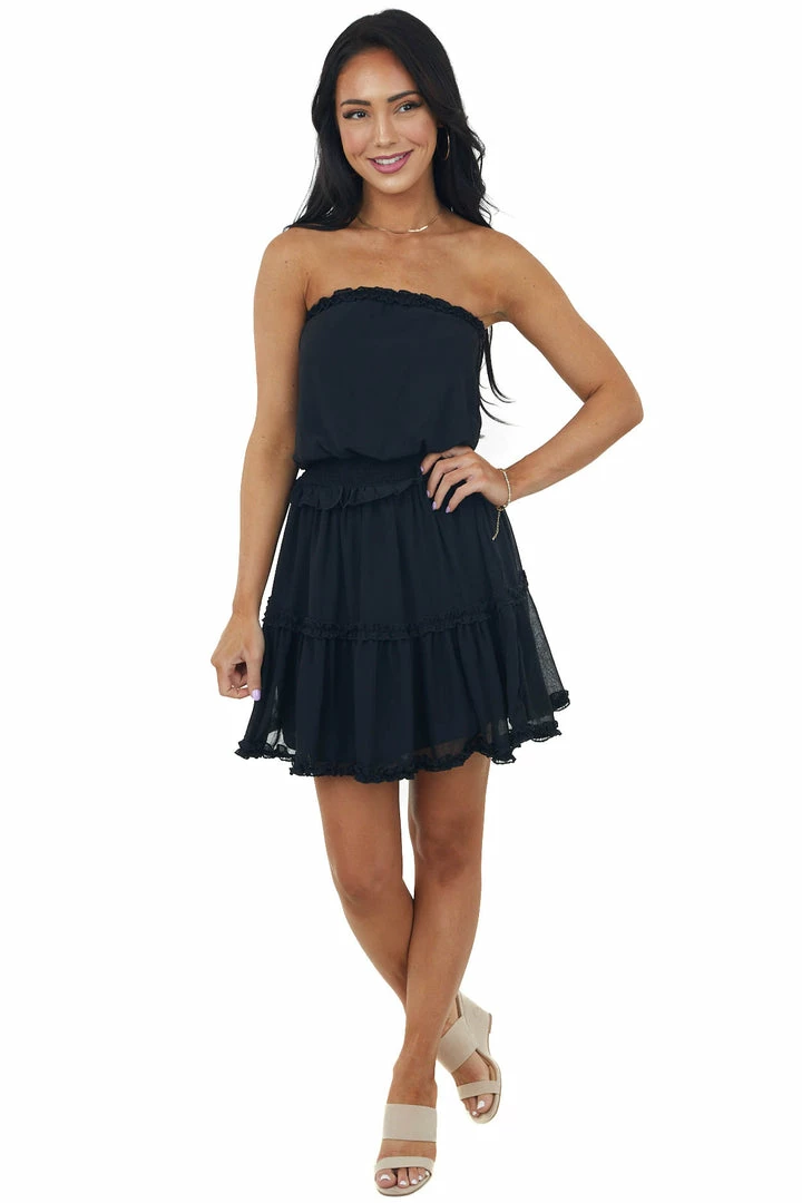 She + Sky Black Strapless Frill Tiered Mini Dress 4 She + Sky Black Strapless Frill Tiered Mini Dress