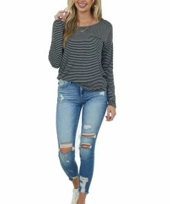 HYFVE Black Striped Drop Shoulder Chest Pocket Top Tops