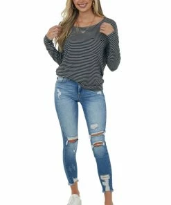 HYFVE Black Striped Drop Shoulder Chest Pocket Top Tops