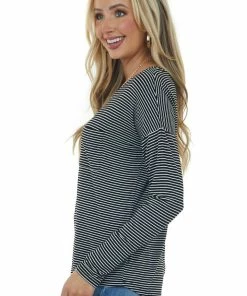 HYFVE Black Striped Drop Shoulder Chest Pocket Top Tops