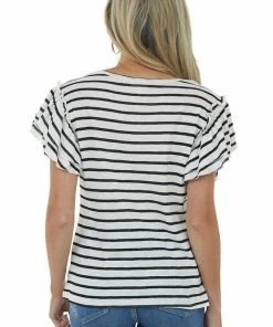 BiBi Tops Black Striped Tiered Ruffle Sleeve Knit Top