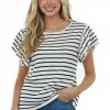 BiBi Tops Black Striped Tiered Ruffle Sleeve Knit Top