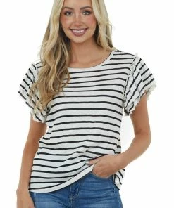 BiBi Tops Black Striped Tiered Ruffle Sleeve Knit Top