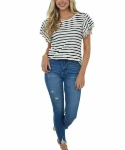 BiBi Tops Black Striped Tiered Ruffle Sleeve Knit Top