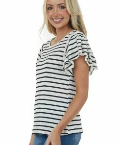 BiBi Tops Black Striped Tiered Ruffle Sleeve Knit Top