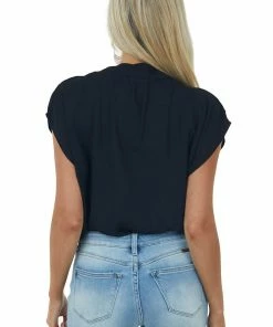 Kori America Black Surplice Blouson Woven Bodysuit Tops