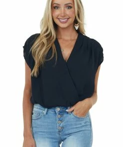 Kori America Black Surplice Blouson Woven Bodysuit Tops