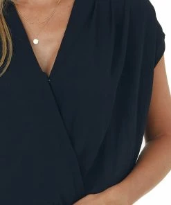 Kori America Black Surplice Blouson Woven Bodysuit Tops