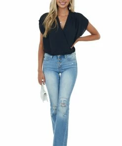 Kori America Black Surplice Blouson Woven Bodysuit Tops