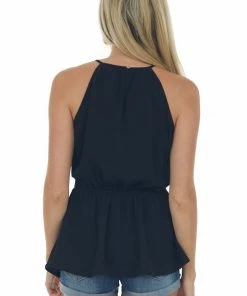 Staccato Black Surplice Halter Neck Keyhole Peplum Top Tops