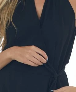 Staccato Black Surplice Halter Neck Keyhole Peplum Top Tops