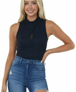 Vine & Love Black Surplice Ribbed Knit High Neck Tank Top Tops