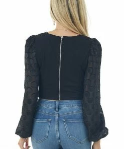 Flying Tomato Black Sweetheart Neck Textured Sleeve Crop Top