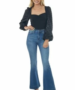 Flying Tomato Black Sweetheart Neck Textured Sleeve Crop Top