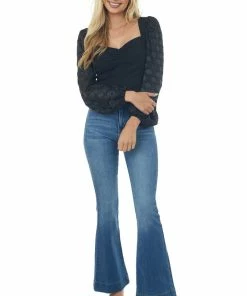 Flying Tomato Black Sweetheart Neck Textured Sleeve Crop Top