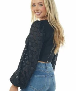 Flying Tomato Black Sweetheart Neck Textured Sleeve Crop Top