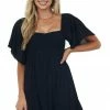 Umgee Dresses Black Swiss Dot Flutter Sleeve Smocked Dress