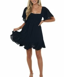 Umgee Dresses Black Swiss Dot Flutter Sleeve Smocked Dress