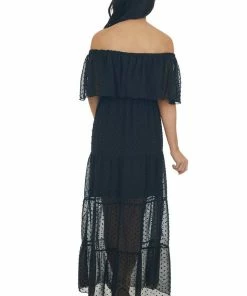 EPretty Dresses Black Swiss Dot Ruffled Off The Shoulder Maxi Dress