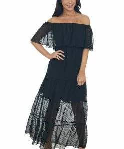 EPretty Dresses Black Swiss Dot Ruffled Off The Shoulder Maxi Dress