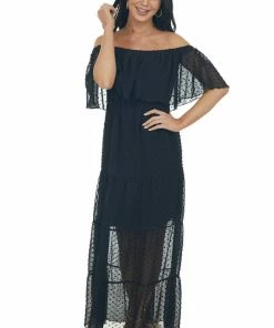 EPretty Dresses Black Swiss Dot Ruffled Off The Shoulder Maxi Dress