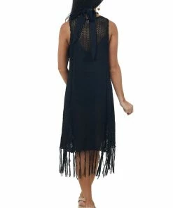 Umgee Dresses Black Tassel Hemline Crochet Knit Midi Dress