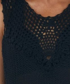 Umgee Dresses Black Tassel Hemline Crochet Knit Midi Dress