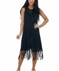 Umgee Dresses Black Tassel Hemline Crochet Knit Midi Dress