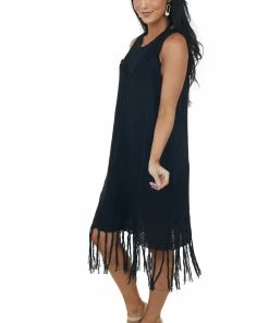 Umgee Dresses Black Tassel Hemline Crochet Knit Midi Dress