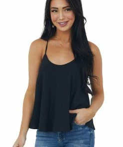 She + Sky Tops Black Textured Scoop Neck Swing Cami Blouse