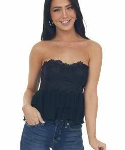 Entro Black Tiered Ruffle Strapless Lace Woven Top Tops