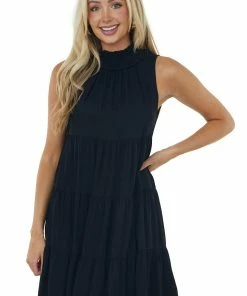 Miss Sparkling Black Tiered Smocked Halter Neck Short Dress