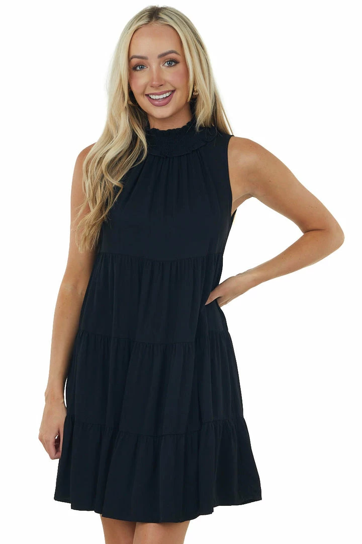 Miss Sparkling Black Tiered Smocked Halter Neck Short Dress 3 Miss Sparkling Black Tiered Smocked Halter Neck Short Dress