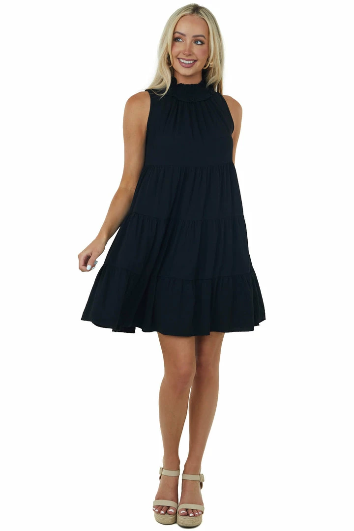 Miss Sparkling Black Tiered Smocked Halter Neck Short Dress 4 Miss Sparkling Black Tiered Smocked Halter Neck Short Dress