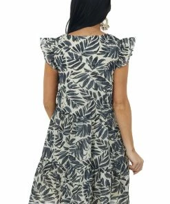 Hayden Black Tropical Print Button Up Ruffle Mini Dress