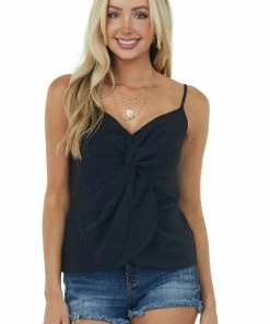 La Miel Tops Black Twist Front Adjustable Strap Woven Cami
