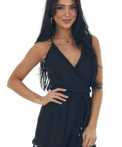 HYFVE Black V Neck Frilled Surplice Woven Romper Dresses