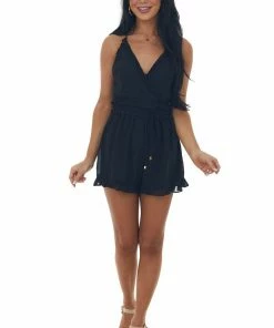 HYFVE Black V Neck Frilled Surplice Woven Romper Dresses 10 HYFVE Black V Neck Frilled Surplice Woven Romper Dresses