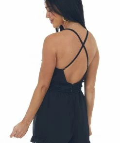 HYFVE Black V Neck Frilled Surplice Woven Romper Dresses 11 HYFVE Black V Neck Frilled Surplice Woven Romper Dresses