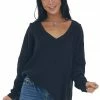 Umgee Black V Neck High Low Hem Thermal Knit Top
