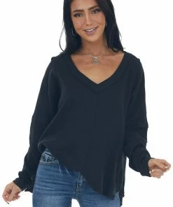 Umgee Black V Neck High Low Hem Thermal Knit Top