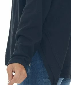 Umgee Black V Neck High Low Hem Thermal Knit Top