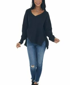 Umgee Black V Neck High Low Hem Thermal Knit Top